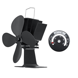 4-Blade Heat Powered Stove Fan W/ Thermometer for Wood Log Burning Burner Stove