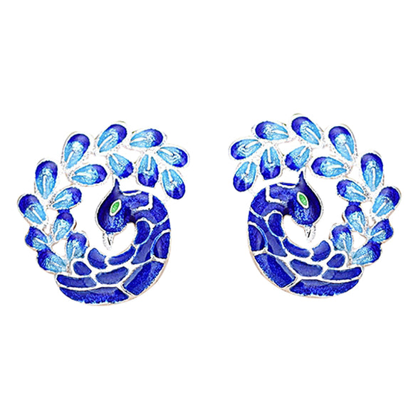 Elegant Painting Blue Peacock Silver Plated Ear Stud Retro Enamel Earrings for Women