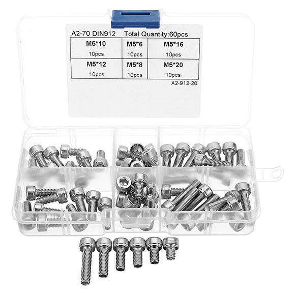 Suleve M5SH1 60Pcs M5 Stainless Steel 6-20mm Hex Socket Cap Head Screw Allen Bolt Assortment Kit