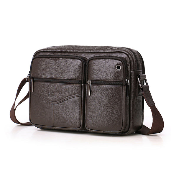 Men Genuine Leather Leisure Crossbody Bag Multi-pockets Messenger Bag