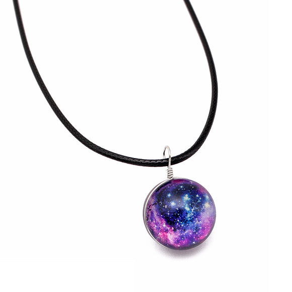 Vintage Colorful Leather Rope Galaxy Planet Star Glass Ball Pendant Women Necklace