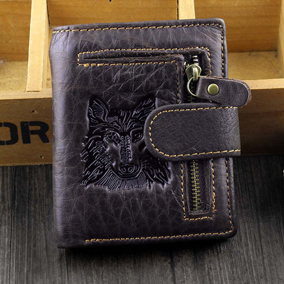 Men Genuine Leather Retro Wolf Printed Short Wallet