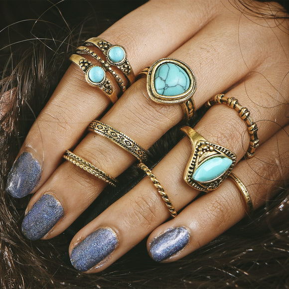 8 Pcs Vintage Turquoise Gem Bohemian Statement Ring Set Knuckle Rings for Women