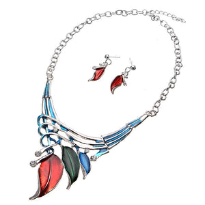 Elegant European Leaves Enamel Inlay Crystal Necklace Earrings Jewelry Set for Women