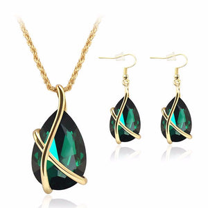 Crystal Water Drop Necklace Earrings Jewelry Set For Women