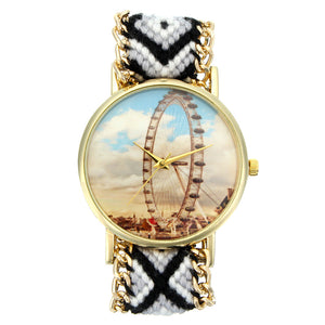 Custom Folk Style Women Watch Ferris Wheel Alloy Case Knitted Fabric Strap Casual Retro