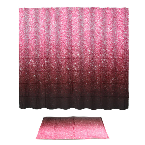 Gradient Pink Waterproof Shower Curtain with White C-type Hook Bathroom Mat