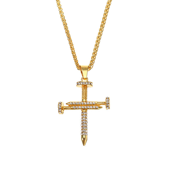 Fashion Rhinestone Double Nail Pendant Hip-hop Cross Necklace for Men