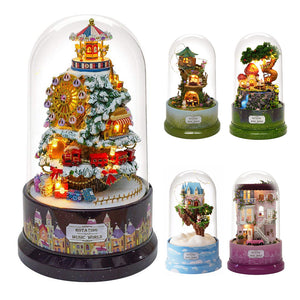 Beautiful Cabins DIY Doll House Miniature Rotating Music Kit With Transparent Cover Musical Core Gift(Meet At The Corner/Snowy Wonderland/Garden Diary/Dream Of Sky/Forest Whim)