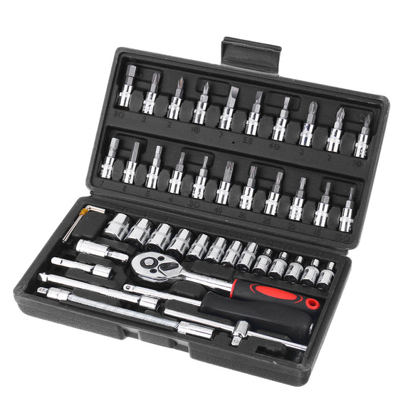 46pcs Socket Ratchet Screwdriver Wrench Set 1/4 Drive Flexible Car Repair Tool