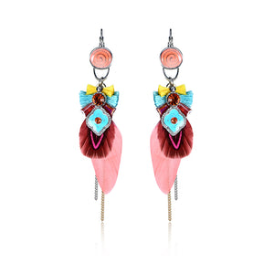 Bohemian Retro 14K Gold Plated Earrings Luxury Platinum Tassel Pendant Feather Ear Drop for Women