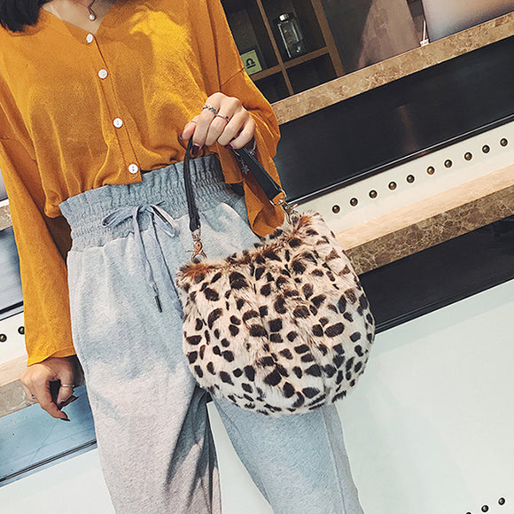 Women Leopard Plush Bag Cotton Bucket Handbag Cute Crossbody Bag