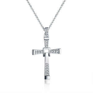 Men Cross Pendant Chain Long Necklace Crystal Alloy