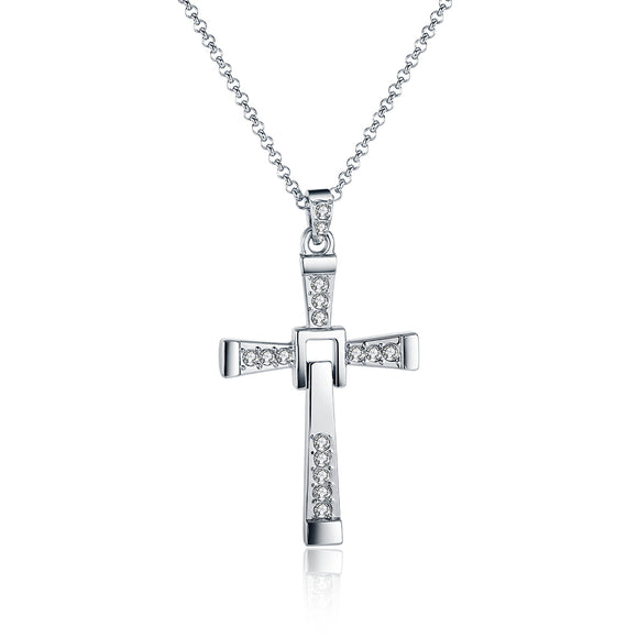 Men Cross Pendant Chain Long Necklace Crystal Alloy