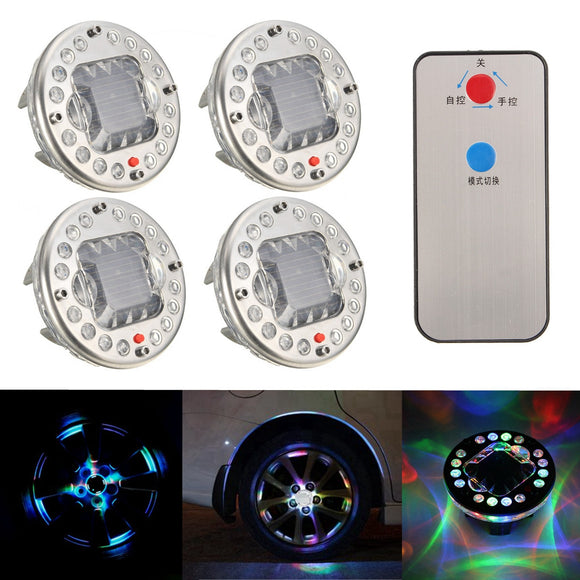 4Pcs LED Solar Energy Car Wheel Tire Flash Light Valve Cap RGB Lamp with Remote Controller