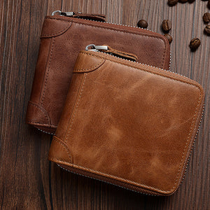 Men RFID Antimagnetic Genuine Leather Retro Zipper Trifold Wallet