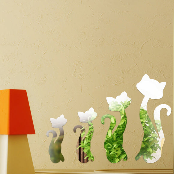 Honana DX-Y3 4Pcs Cute Silver DIY Sexy Cat Mirror Wall Stickers Home Wall Bedroom Office Decor