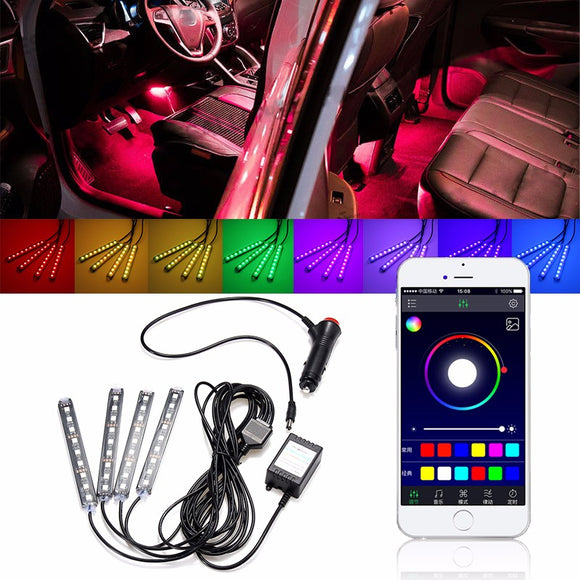 4Pcs LED Car Interior Decoration Lights Floor Atmosphere Light Strip Phone App Control Colorful RGB