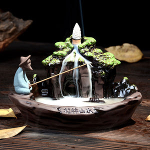 Ceramic Backflow Incense Burner Holder Mountain Stream Fragrant Cone Censer Home Furnace Decor