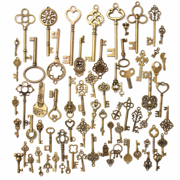 70Pcs Vintage Bronze Skeleton Heart Key Pendants DIY Accessaries