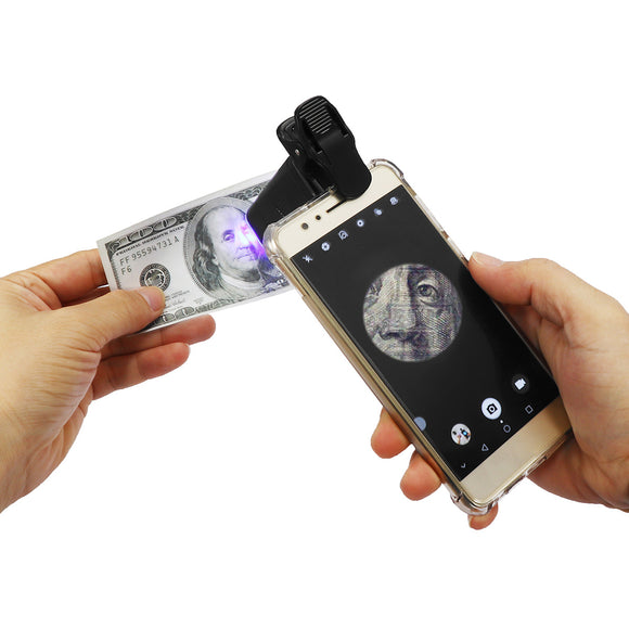 60X-100X UV Adjustable Magnifier LED Light Zoom with Cellphone Clip for Currency Jewelry Lab