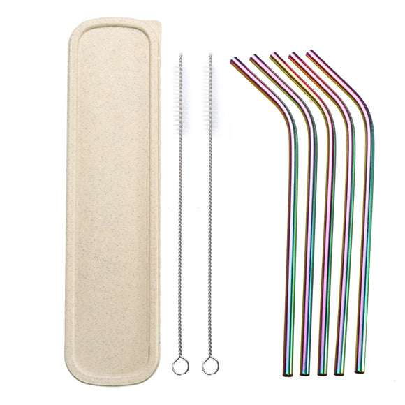 8pcs Reusable Straw Stainless Steel Metal Straws Colorful Drinking Curved Straw With Cleaning Brush