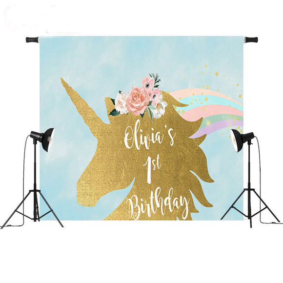 5x3ft 7x5ft Gold Unicorn Children Party Photography Backdrop Studio Prop Background