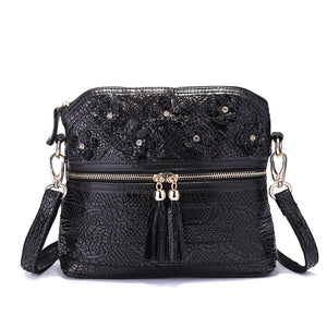 Women Genuine Leather Flower Decorational Shell Crossbody Bag Black Shoulder Bag