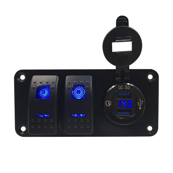 LED Switch Panel 2 Gang Rocker Switch Toggle QC 3.0 USB Blue LED Car Marine Boat