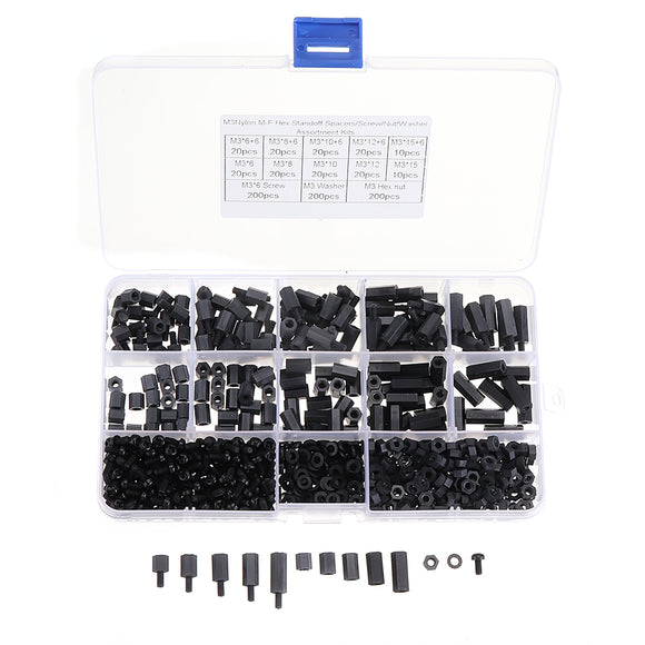 Suleve M3NH17 780Pcs M3 Nylon Screw Black Hex Screw Nut PCB Standoff Spacer Column Assortment Kit