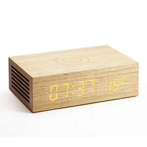 Wireless Charging Alarm Clock bluetooth Speaker with Wood Grain Design