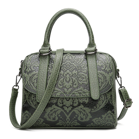 Women Vintage National Style Flower Print PU Leather Handbag Crossbody Bag