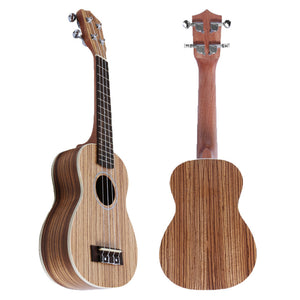 21 Inch 4 String Soprano Ukulele Hand Crafted Zebra Wood Hawaiian Music Instrument