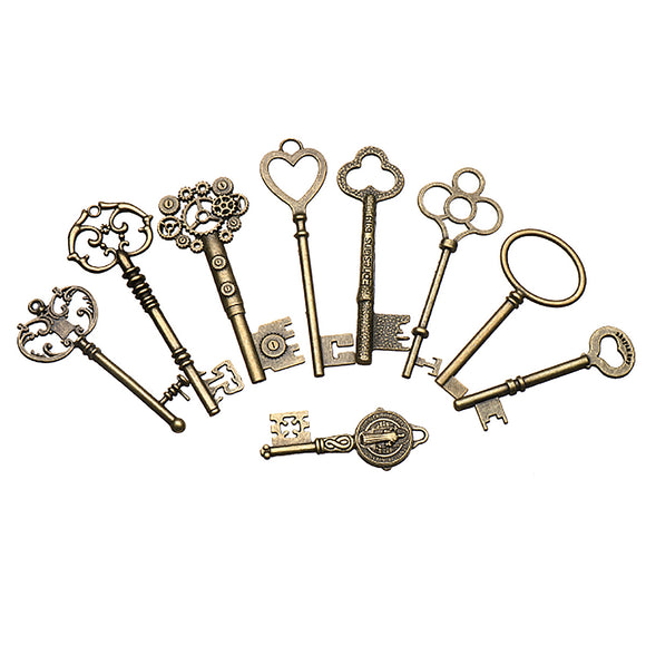 9pcs Big Large Antique Vtgold Brass Skeleton Keys Lot Cabinet Barrel Lock Keyfobs