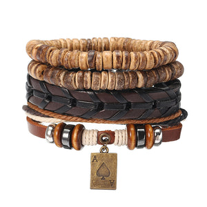 Retro Multilayer Woven Shell Poker Pendant Leather Bracelet for Men Women