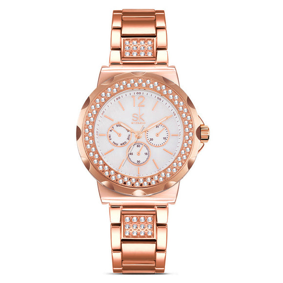 SK K0032 Rhinestones Stainless Steel Women Watches Rose Gold Quartz Wrist Watch