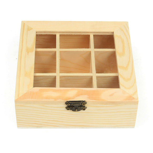 9 Compartments Wooden Tea Bag Jewelry Organizer Chest Storage Box Glass Top Log