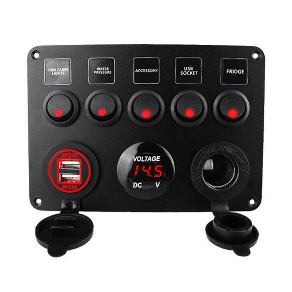 Car Boat Switch Panel Waterproof Digital Voltmeter Dual USB Port 12V Outlet Combination Marine LED Rocker 5 Gang