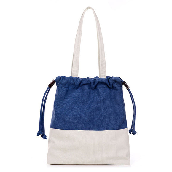 Women Canvas Drawstring Tote Bags Casual Contrast Color Shoulder Bags Shopping Bags