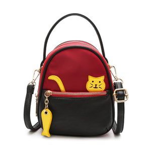 Women Cute Cat Pattern Faux Leather+Nylon Outdoor Backpack Leisure Handbag Crossbody Bag