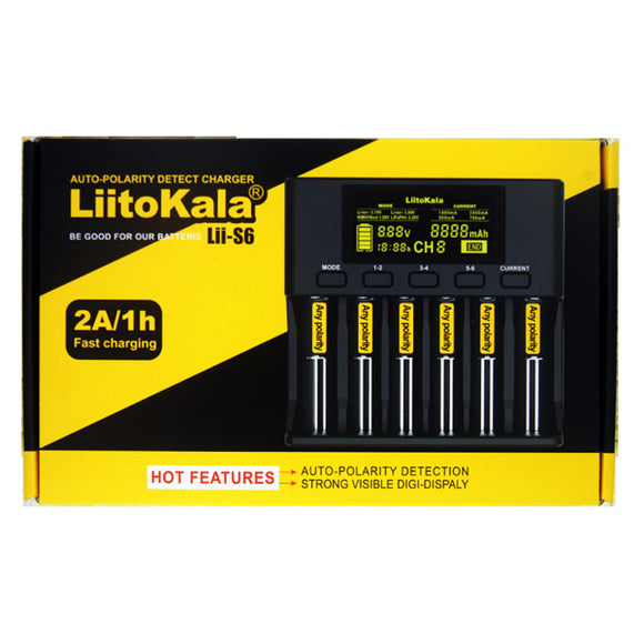 LiitoKala Lii-S6 18650 3.7V Lithium Charger 6 Slots LCD Screen Display Smartest Battery Charger US/EU Plug