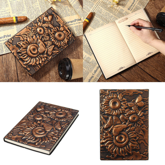 Vintage 3D Embossed  Sunflower Travel Diary Notebook Journal Leather Notepad