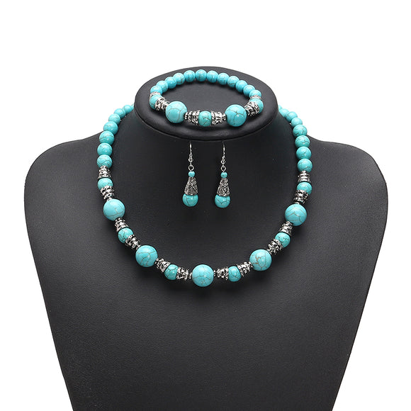 JASSY Platinum Plated Turquoise Beads Retro Ethnic Fine Jewelry Set Best Gifts for Women