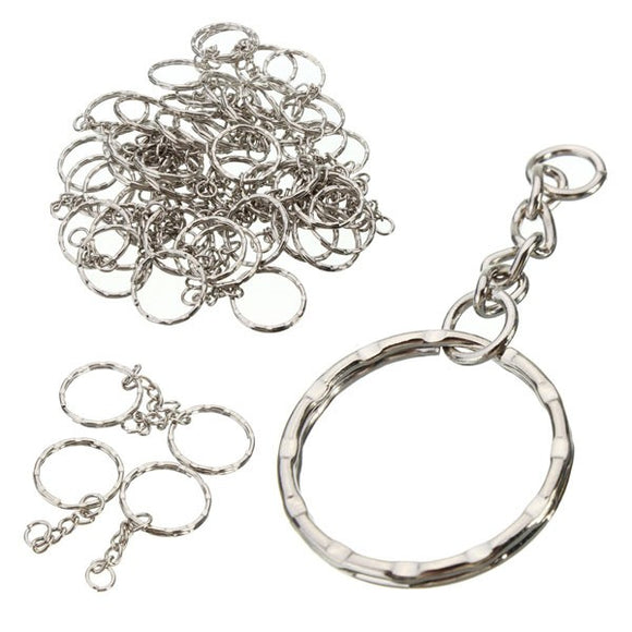 50Pcs 55mm Keyring Blanks Silver Tone Keychain Key Fob Split Rings 4 Link Chain