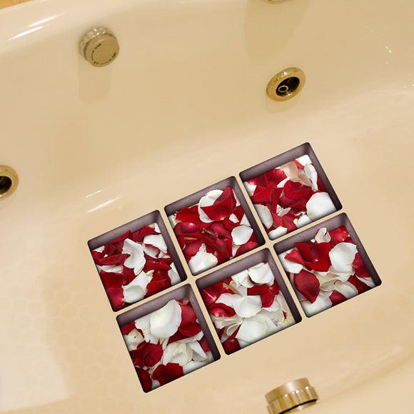 PAG 6pcs 13x13cm Red And White Rose Leaf Pattern 3D Anti Slip Waterproof Bathtub Sticker