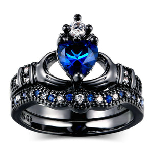 Blue Zirconia Gemstone Crown Ring Love Heart Stackable Finger Ring Set for Women