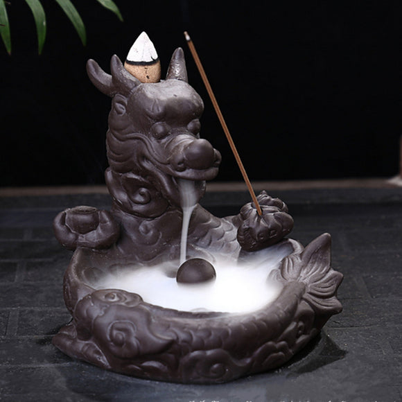 Dragon Fish Backflow Tower Burner Holder Ceramic With 10Pcs Cone Incense Decor