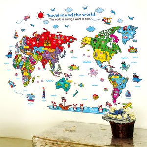 Cartoon Animals World Map Wall Stickers for Kids Room Decorations Safari Mural Art Zoo