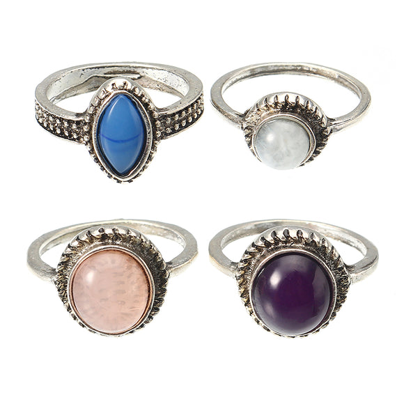 4 Pcs Bohemian Retro 4 Color Round Resin Ring Set Jewelry for Women