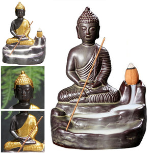 Ceramic Buddha Incense Statue Buddhist Smoke Backflow Cone Censer Burner Holder Home Decor